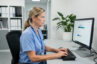 Agente administrative d'un CHU connectée à sa messagerie Zimbra sur un ordinateur de bureau dans un bureau hospitalier moderne
