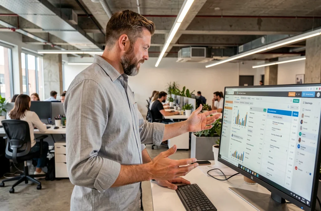 Responsable marketing analysant les statistiques de trafic organique générées par des articles longs en open space