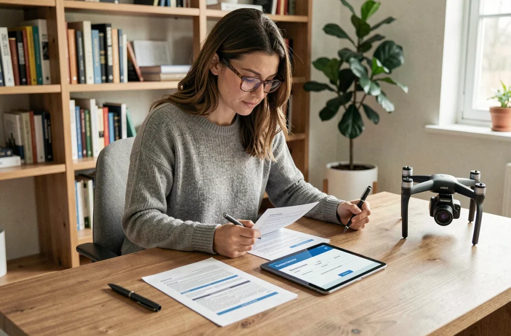 Femme consultant un contrat d'assurance pour drone caméra dans un bureau à domicile