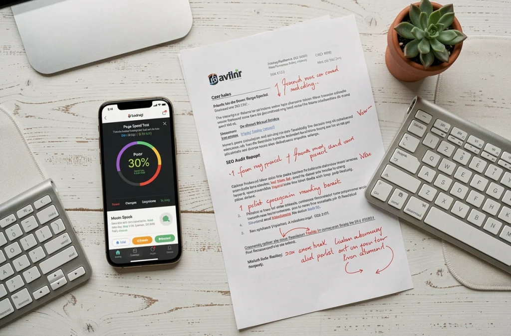Vue aérienne d'un audit SEO imprimé avec annotations et un test de vitesse de chargement mobile affichant un score médiocre sur smartphone