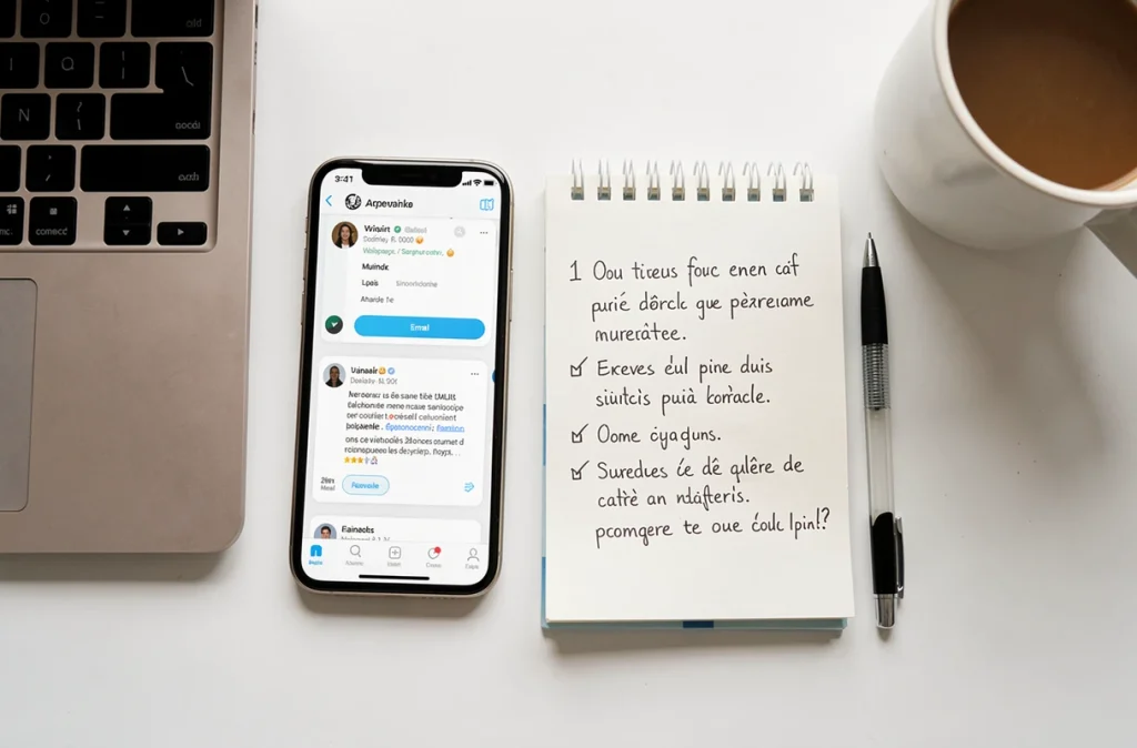 Vue du dessus d'un bureau avec laptop, smartphone et checklist pour configurer la boîte mail académique à la rentrée