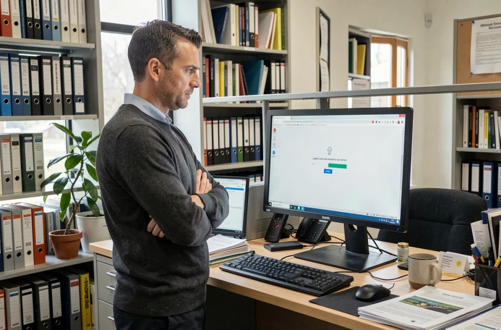 Chercheur face à un message d'erreur de connexion sur la messagerie institutionnelle INRAE depuis son bureau