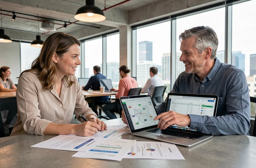 Deux professionnels collaborent sur une stratégie de netlinking local autour de rapports SEO dans un espace de coworking régional