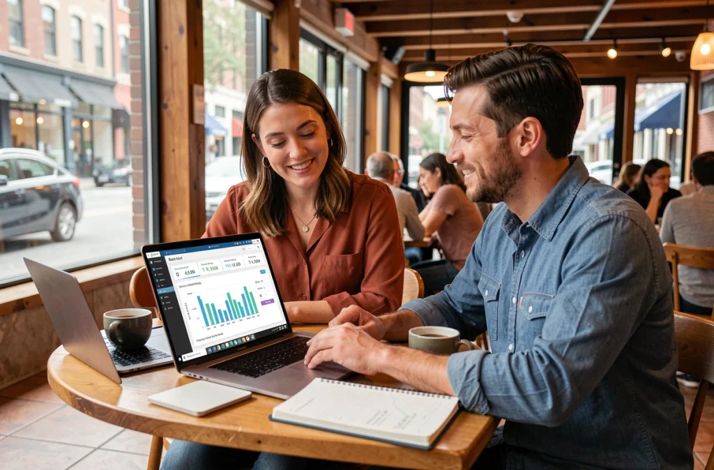 Deux professionnels du marketing digital collaborant sur une stratégie de backlinks dans un café urbain