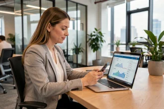 Femme professionnelle comparant un site web sur smartphone et ordinateur portable dans un bureau moderne, illustrant la compatibilité mobile et l'indexation SEO