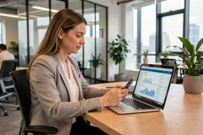 Femme professionnelle comparant un site web sur smartphone et ordinateur portable dans un bureau moderne, illustrant la compatibilité mobile et l'indexation SEO