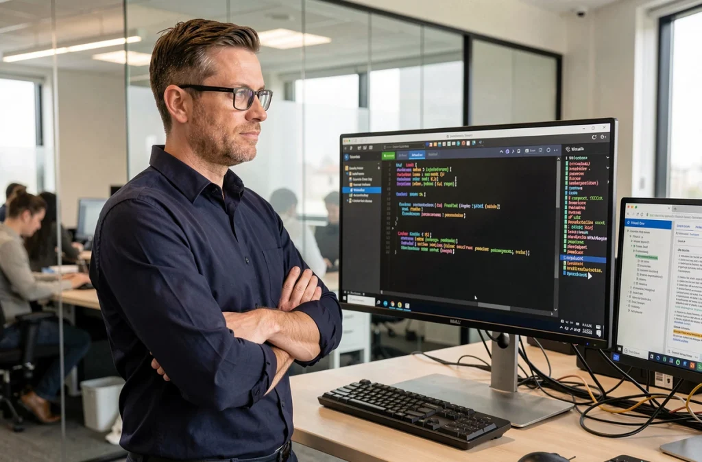Professionnel IT configurant une machine virtuelle Kali Linux dans un open space d'entreprise
