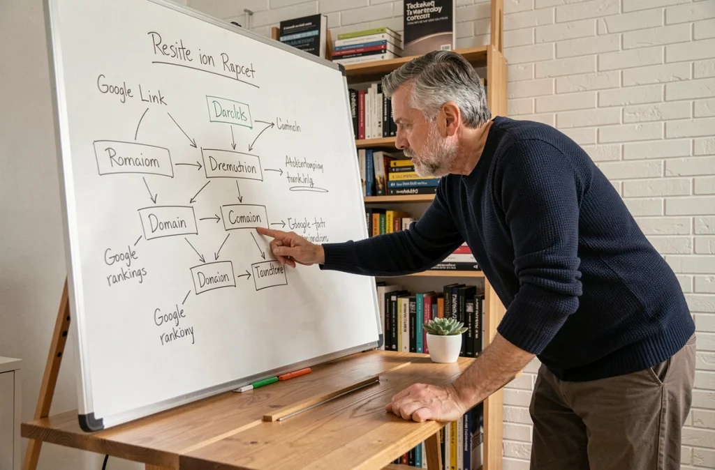 Consultant SEO expliquant une stratégie de liens entrants sur un tableau blanc dans un bureau à domicile