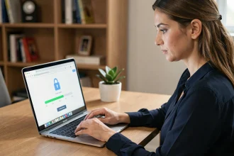 Femme utilisant un convertisseur vidéo sécurisé en ligne sur son ordinateur portable à domicile