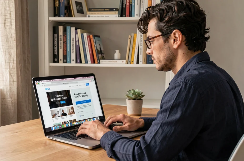Designer graphique comparant des pages web avec et sans images optimisées sur un ordinateur portable dans un bureau à domicile