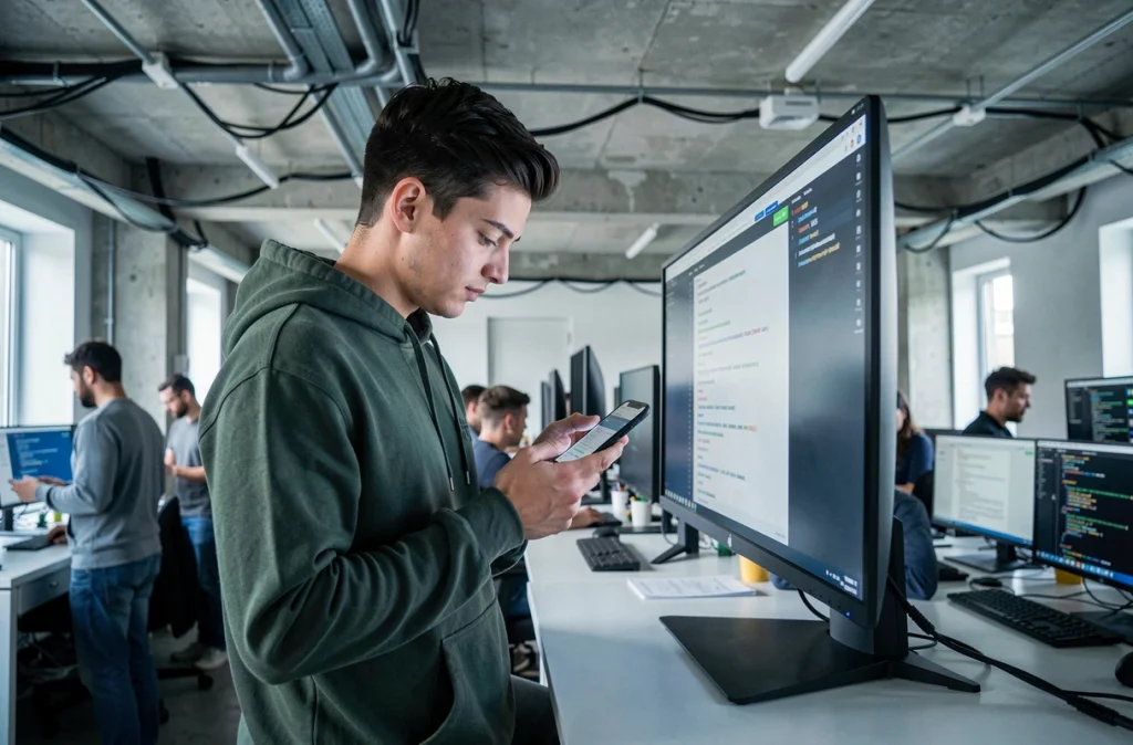 Développeur web jeune vérifiant l'optimisation mobile d'un site sur smartphone dans un espace de coworking, soulignant le lien entre compatibilité mobile et indexation par les moteurs de recherche