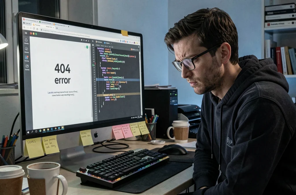 Développeur web analysant une erreur 404 sur un grand écran d'ordinateur avec du code HTML visible