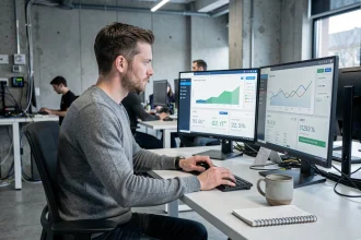 Développeur web analysant les performances de chargement d'un site internet et le positionnement SEO sur des écrans d'analytics dans un bureau moderne