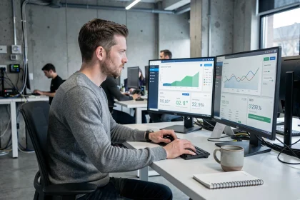 Développeur web analysant les performances de chargement d'un site internet et le positionnement SEO sur des écrans d'analytics dans un bureau moderne
