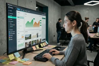 Développeuse web analysant des métriques d'optimisation d'images sur un écran ultrawide dans un bureau moderne