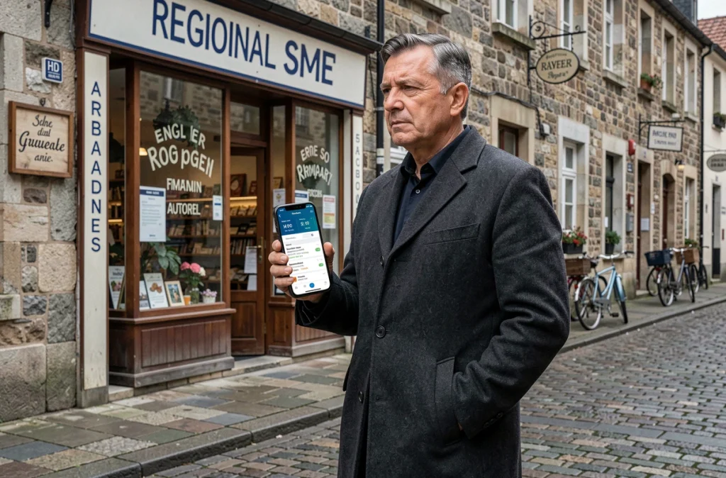 Un chef d'entreprise consulte ses résultats de référencement local et de netlinking devant la façade de son commerce en ville