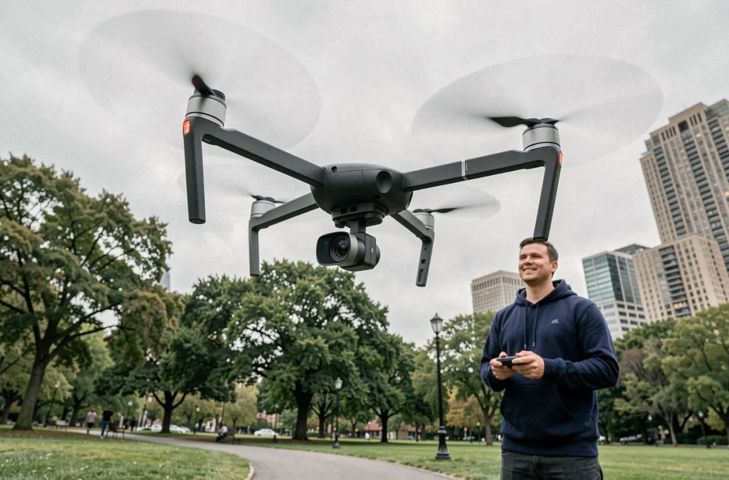 Drone caméra en vol au-dessus d'un parc urbain avec son pilote en arrière-plan