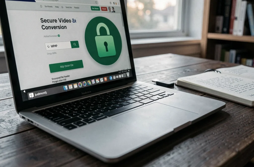 Écran d'ordinateur affichant un site de conversion vidéo vers MP4 avec cadenas de sécurité SSL