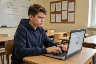 Élève de collège frustré devant un écran d'ordinateur affichant une page de connexion ENT avec un message d'erreur d'identifiant
