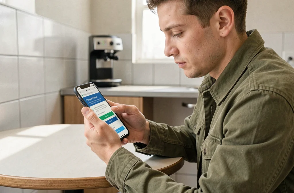 Employé utilisant son smartphone pour réinitialiser son mot de passe de messagerie INRAE depuis une salle de pause