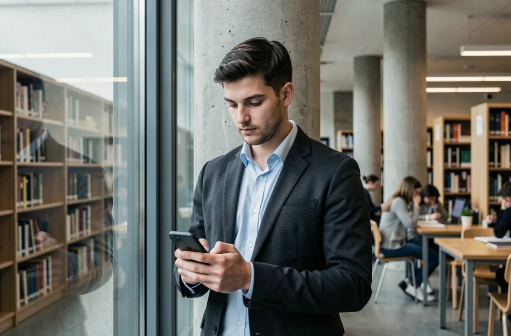 Étudiant consultant sa messagerie Zimbra Lille sur smartphone dans une bibliothèque universitaire moderne