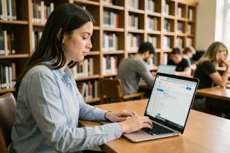 Étudiante configurant sa boîte mail académique sur un ordinateur portable dans une bibliothèque universitaire de Nantes