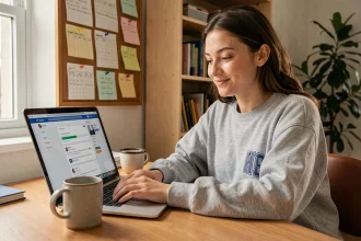 Étudiante utilisant sa boîte mail Zimbra sur un ordinateur portable dans une chambre universitaire organisée