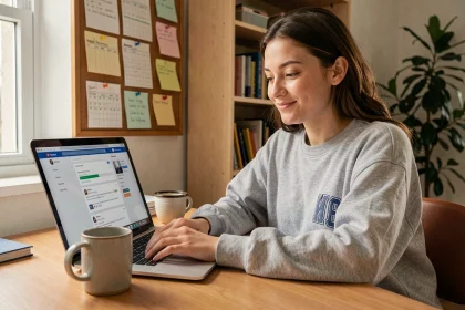 Étudiante utilisant sa boîte mail Zimbra sur un ordinateur portable dans une chambre universitaire organisée