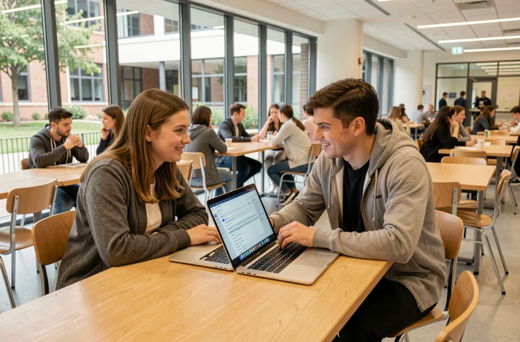 Deux étudiants gérant leurs emails Zimbra ensemble sur un ordinateur portable dans une cafétéria universitaire de Lille