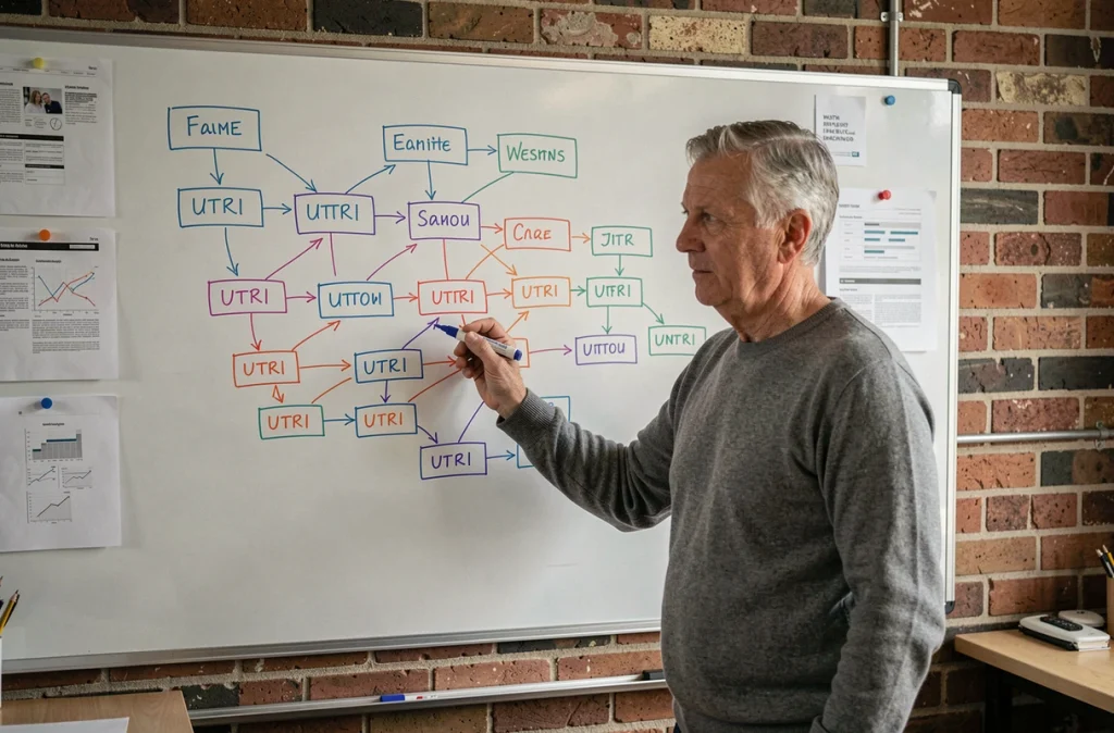 Un expert en SEO présente une carte de maillage interne sur un tableau blanc avec des nœuds et des liens de pages interconnectés