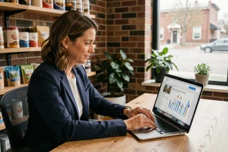 Une femme d'affaires analyse sa stratégie de netlinking local sur un ordinateur portable dans le bureau d'une entreprise régionale