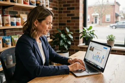 Une femme d'affaires analyse sa stratégie de netlinking local sur un ordinateur portable dans le bureau d'une entreprise régionale