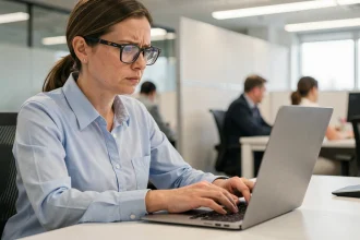 Femme en bureau résolvant un problème d'authentification sur son ordinateur portable avec messagerie professionnelle INRAE