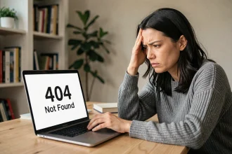Femme frustrée devant une page d'erreur 404 sur son ordinateur portable dans un bureau à domicile