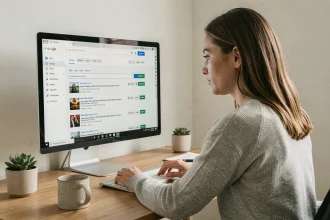Une femme travaille sur les balises meta description d'un site web pour améliorer le taux de clics en référencement naturel