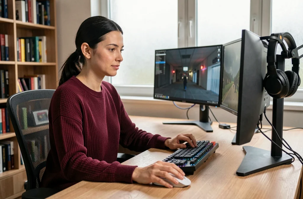 Femme utilisant une souris gaming sans fil légère sur un poste de travail double écran dans un bureau gaming à domicile