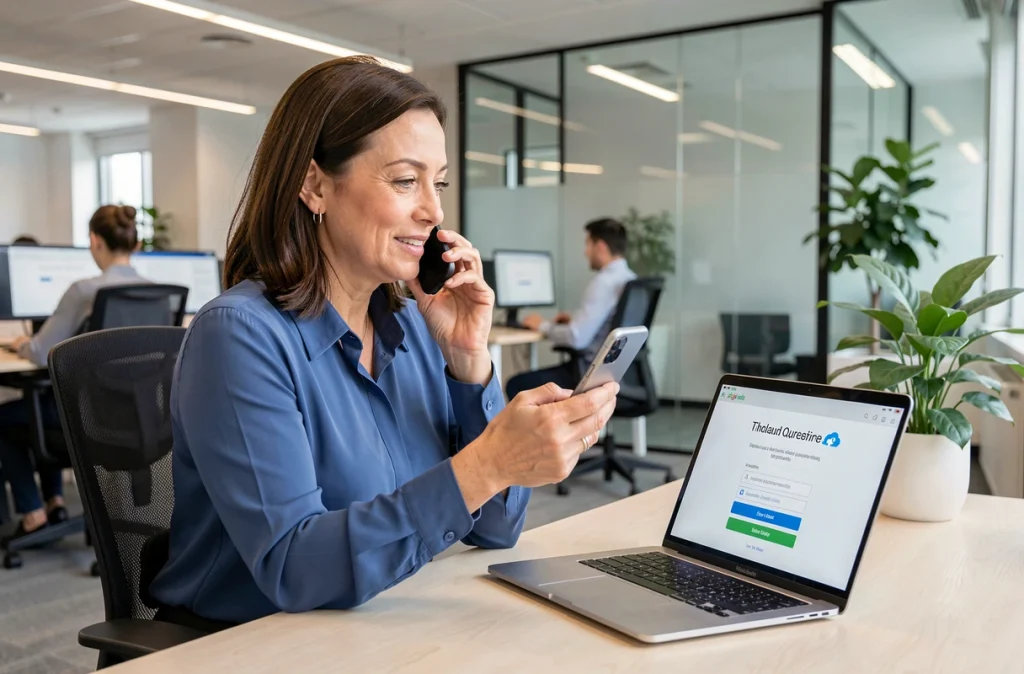 Femme contactant le support client par téléphone face à un problème de connexion à un service cloud au bureau