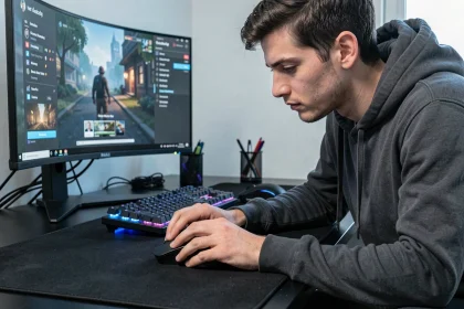 Gamer utilisant une souris gaming sans fil ergonomique sur un bureau PC moderne avec écran ultrawide et clavier RGB