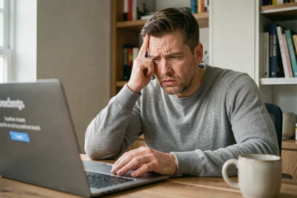Homme frustré devant un écran d'erreur de connexion sur son ordinateur portable dans un bureau à domicile