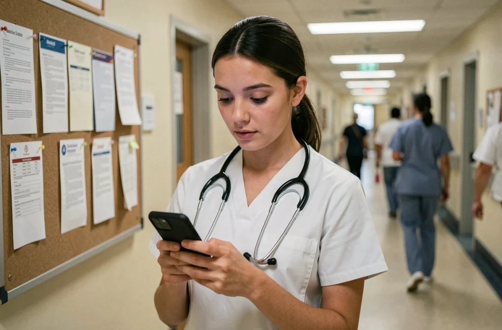 Infirmière d'un CHU consultant sa messagerie professionnelle Zimbra sur smartphone dans un couloir hospitalier