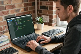 Développeur installant Kali Linux sur un laptop dans un bureau à domicile moderne