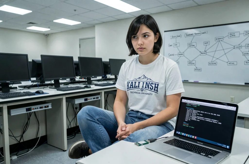 Étudiante démarrant l'installation de Kali Linux depuis une clé USB dans une salle informatique universitaire