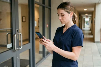 Intervenante à domicile pointant son arrivée sur une application de gestion de missions via smartphone à l'entrée d'un immeuble résidentiel
