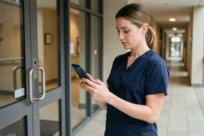 Intervenante à domicile pointant son arrivée sur une application de gestion de missions via smartphone à l'entrée d'un immeuble résidentiel
