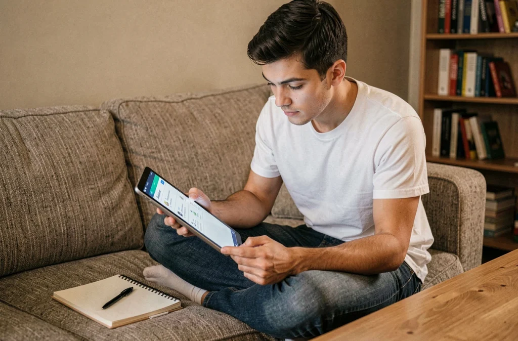 Jeune homme consultant une page d'aide et de dépannage sur une tablette depuis son canapé pour résoudre un problème de connexion