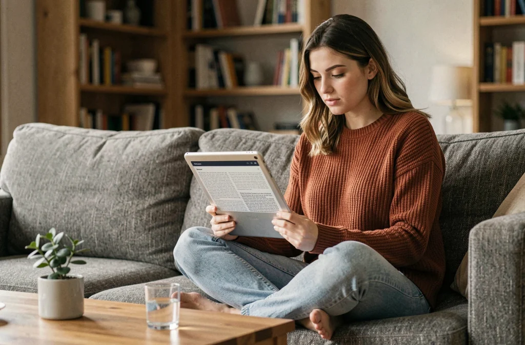 Jeune femme lisant un long article de blog sur une tablette dans un salon chaleureux