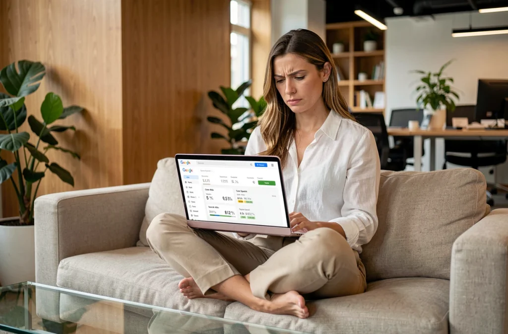 Chargée de marketing digital consultant les métriques Core Web Vitals et la vitesse de chargement sur Google Search Console dans un espace de coworking