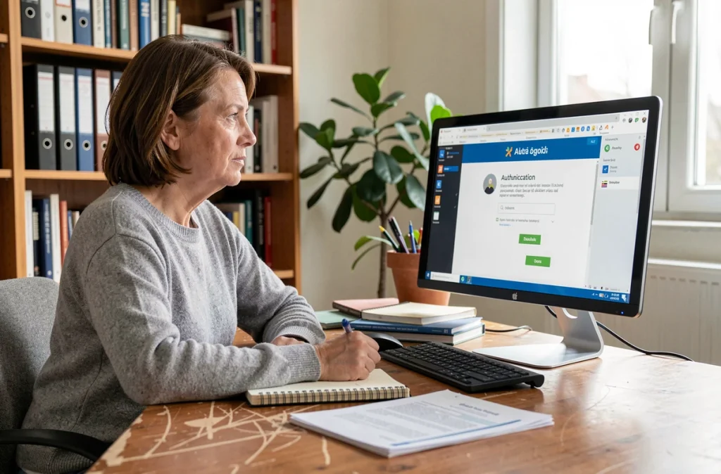 Parent aidant son enfant à récupérer un identifiant ENT perdu depuis un bureau à domicile avec ordinateur et documents scolaires