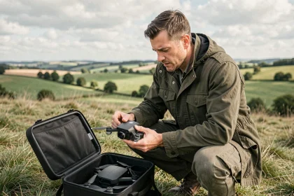 Photographe préparant son drone caméra avant un vol en plein air dans un paysage rural