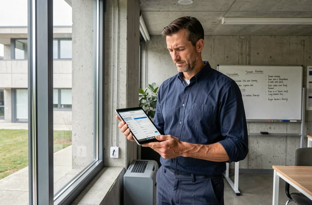 Professeur vérifiant les paramètres de sa messagerie académique sur une tablette dans un bureau de faculté moderne